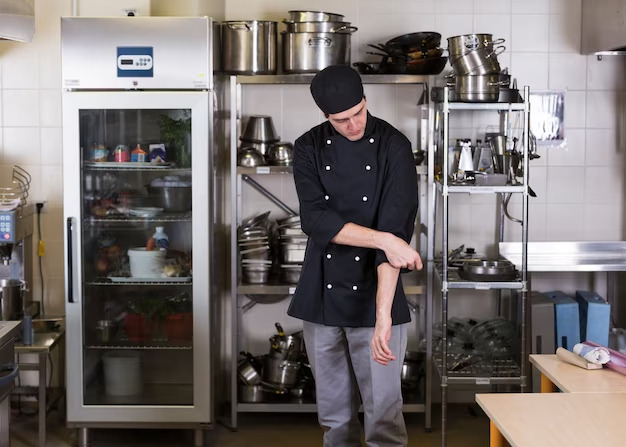Cook beside Commercial Fridge